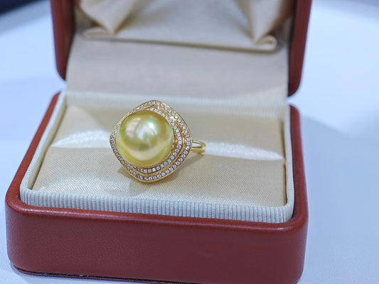 12-13mm Golden South Sea Pearl Ring | 18K Gold with Zircon Halo | Statement Pearl Jewelry