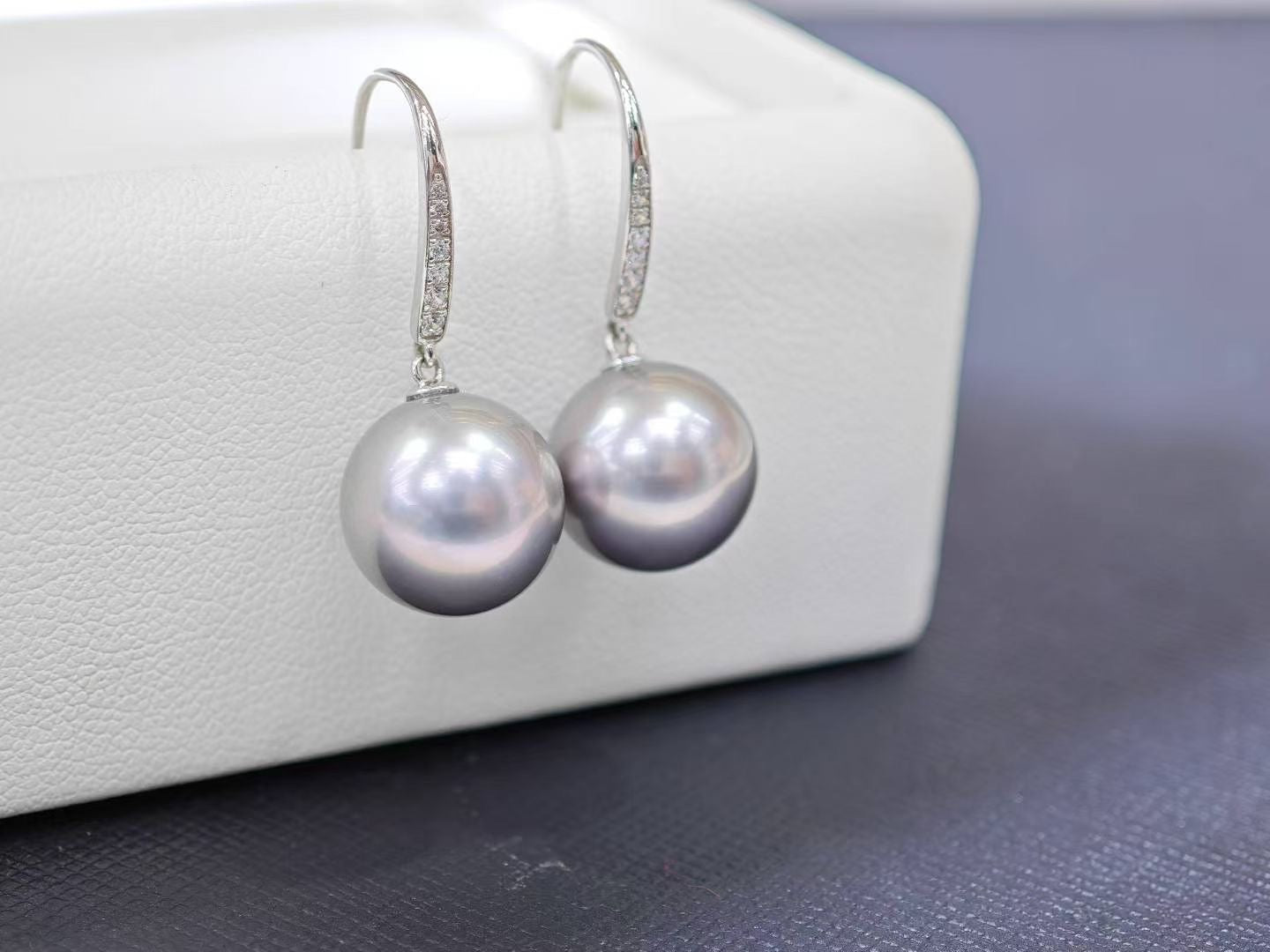 11–12mm Platinum Grey Pearl Drop Earrings | 18K White Gold Hooks with Zircon | Elegant Lustrous Glow
