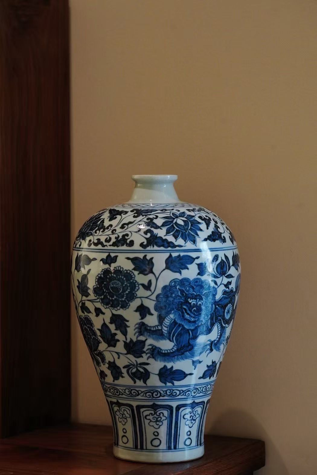 Blue and White Porcelain Vase – Hand-Painted Lion & Floral Motif | Yuan Dynasty Style