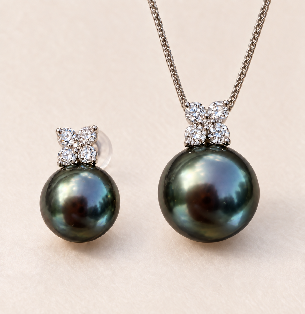 Quiet Bloom Ocean Dusk Earring Studs-Tahitian Peacock Pearl Diamond Earring Studs 8-9mm