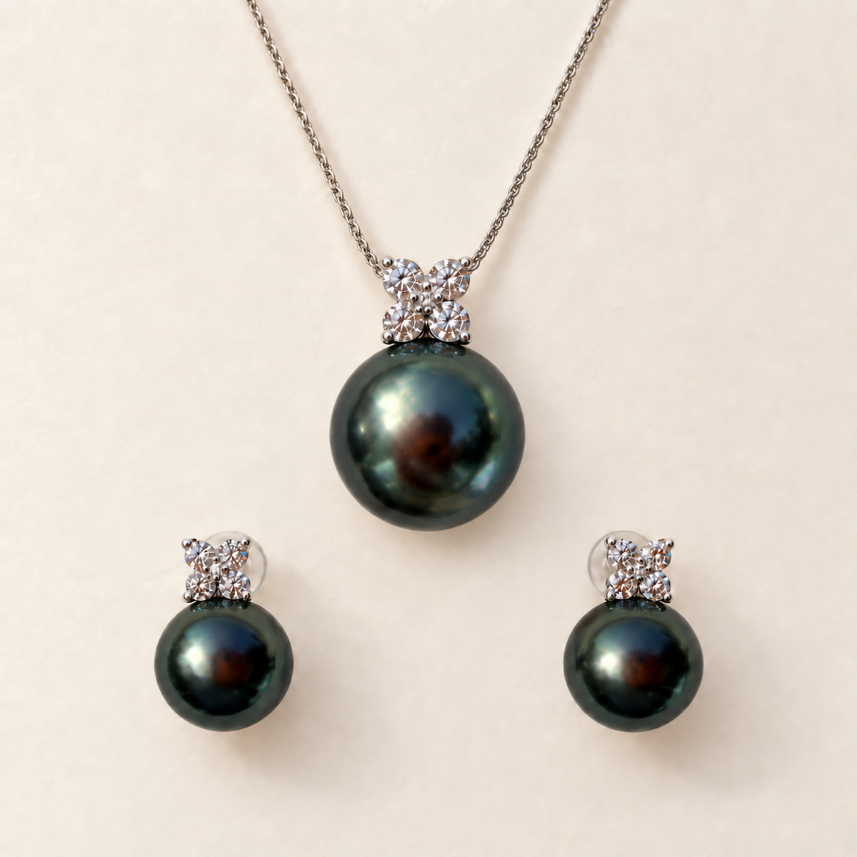Quiet Bloom Ocean Dusk Earring Studs-Tahitian Peacock Pearl Diamond Earring Studs 8-9mm