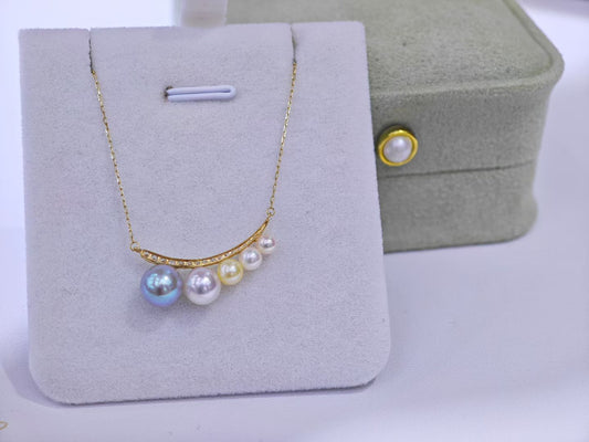 Macaron Akoya Pearl Gradient Necklace | 18K Gold, 3–8mm Round Pearls | Ocean-Inspired Elegance