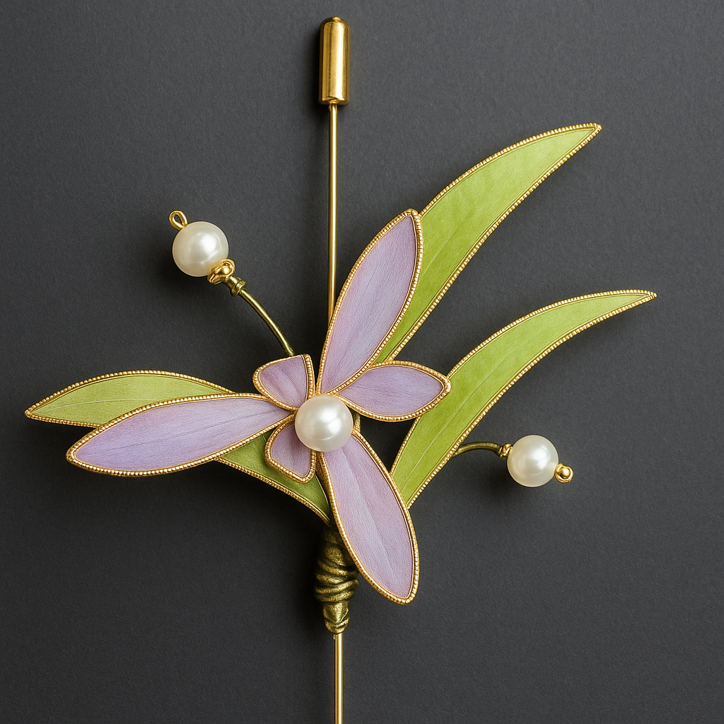 Handmade Silk Orchid Brooch with Pearls