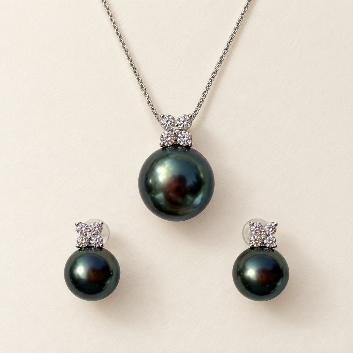 Quiet Bloom Ocean Dusk-Tahitian Peals Diamond Earring Studs and Necklace Set