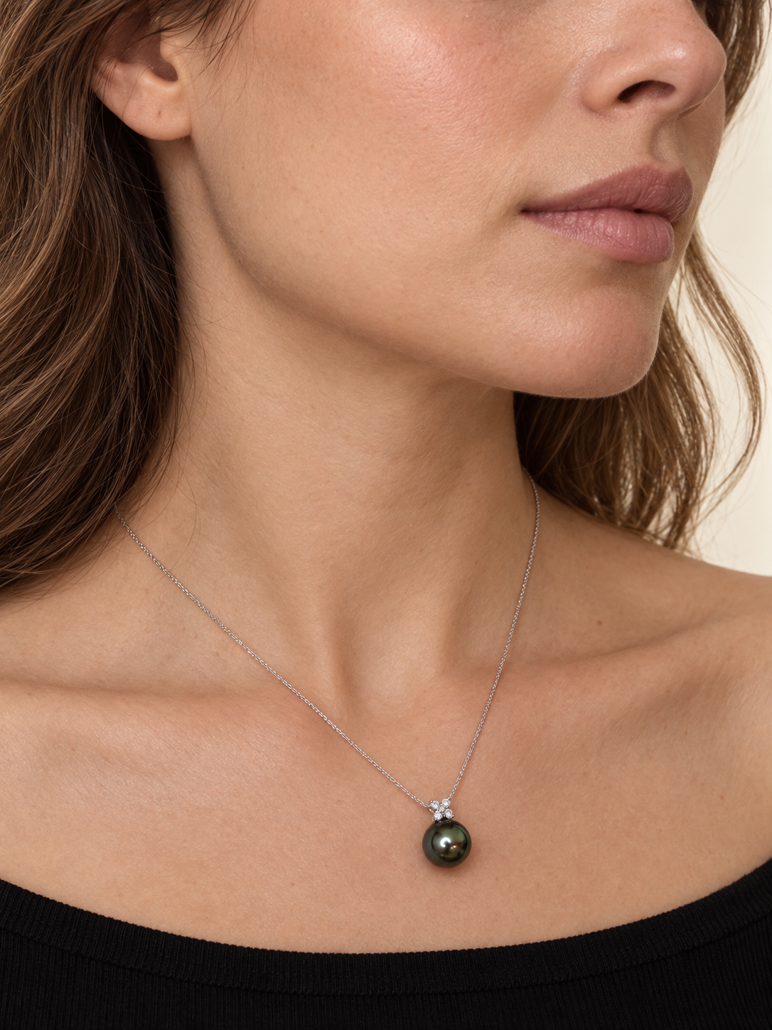 Quiet Bloom Ocean Dusk-Tahitian Peals Diamond Earring Studs and Necklace Set