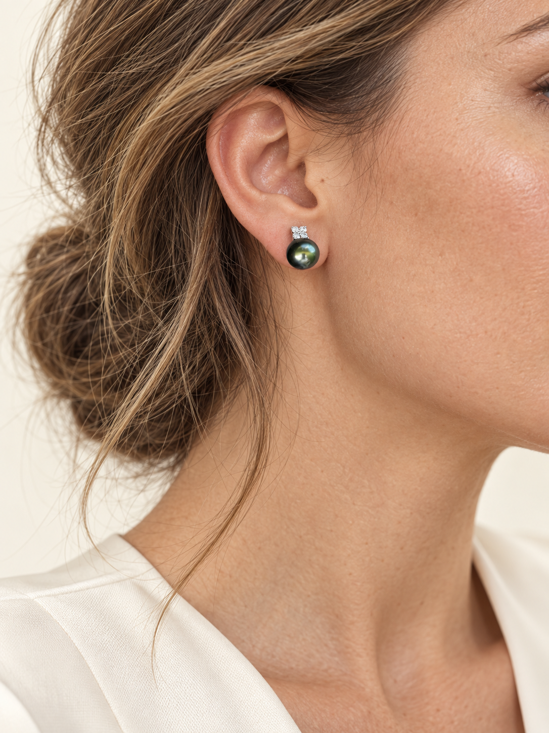 Quiet Bloom Ocean Dusk-Tahitian Peals Diamond Earring Studs and Necklace Set