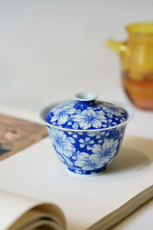 Blue and White Porcelain Gaiwan with Hand-Painted Azalea Design