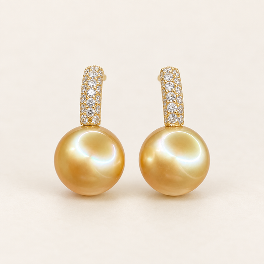 Quiet Bloom Golden Light -Golden Pearl Pavé Earrings 8-9mm