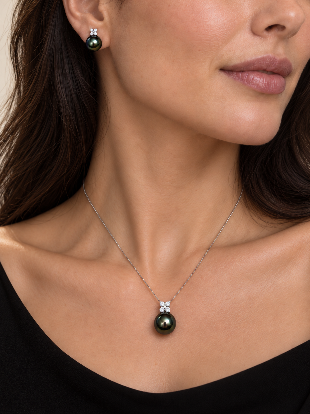 Quiet Bloom Ocean Dusk-Tahitian Peals Diamond Earring Studs and Necklace Set