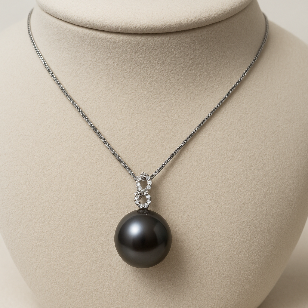 Tahitian Black Pearl Pendant Necklace 12mm | 18K Gold | 45cm Chain | Genuine Natural Pearl Jewelry | Elegant Gift for Women