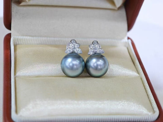 Tahitian Black Pearl Earrings – 10-11mm Round, 18K Gold with CZ Floral Design