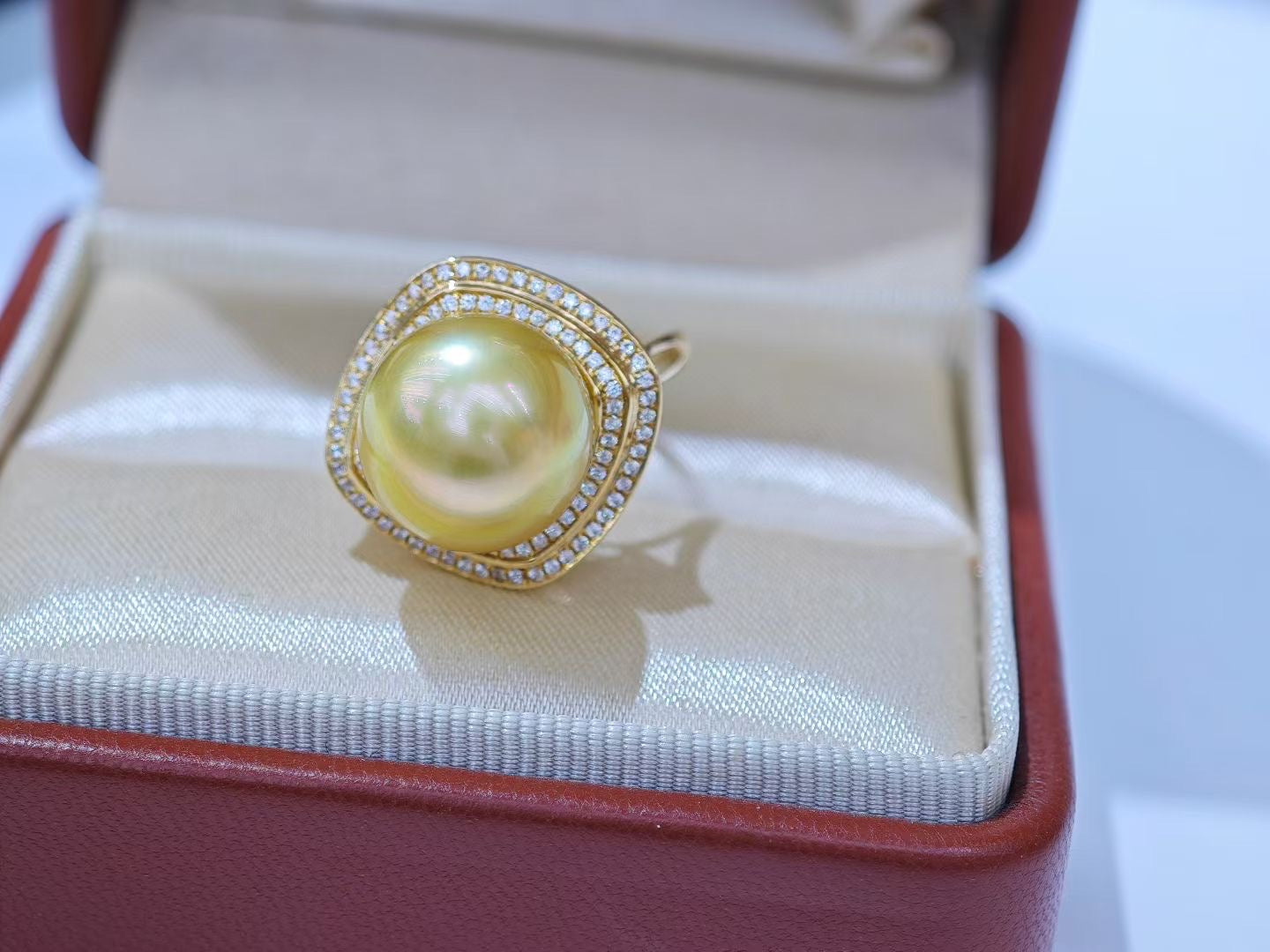 12-13mm Golden South Sea Pearl Ring | 18K Gold with Zircon Halo | Statement Pearl Jewelry