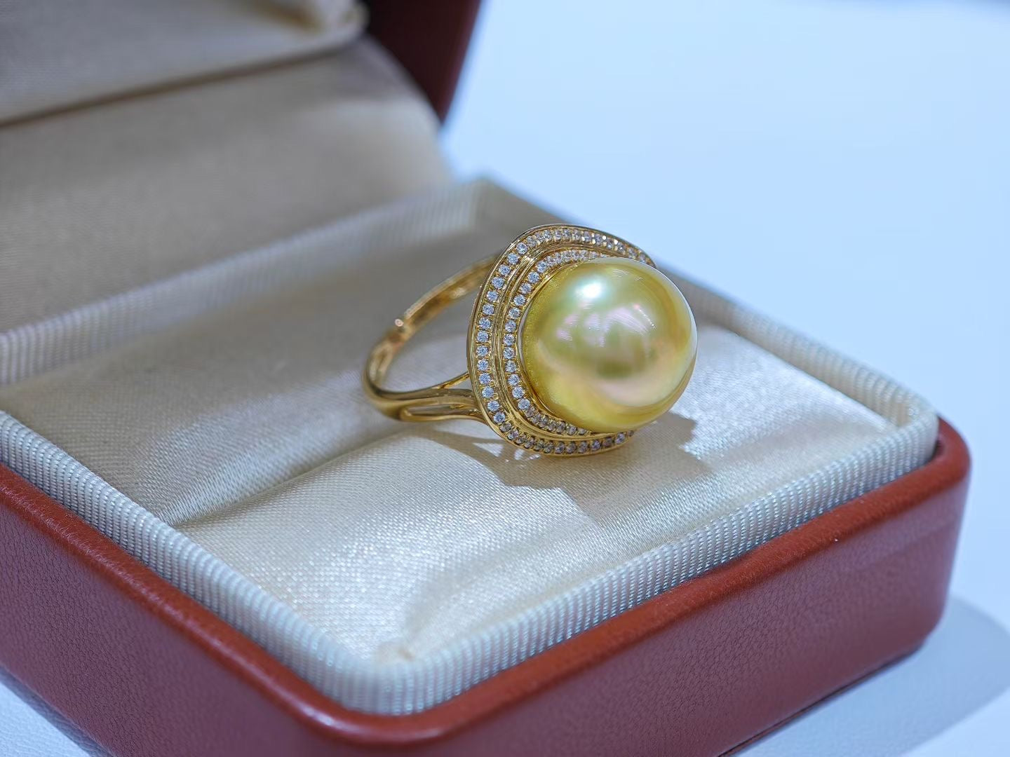 12-13mm Golden South Sea Pearl Ring | 18K Gold with Zircon Halo | Statement Pearl Jewelry