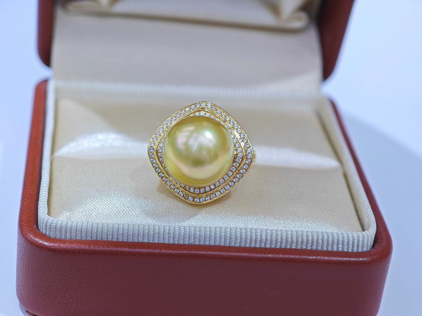 12-13mm Golden South Sea Pearl Ring | 18K Gold with Zircon Halo | Statement Pearl Jewelry
