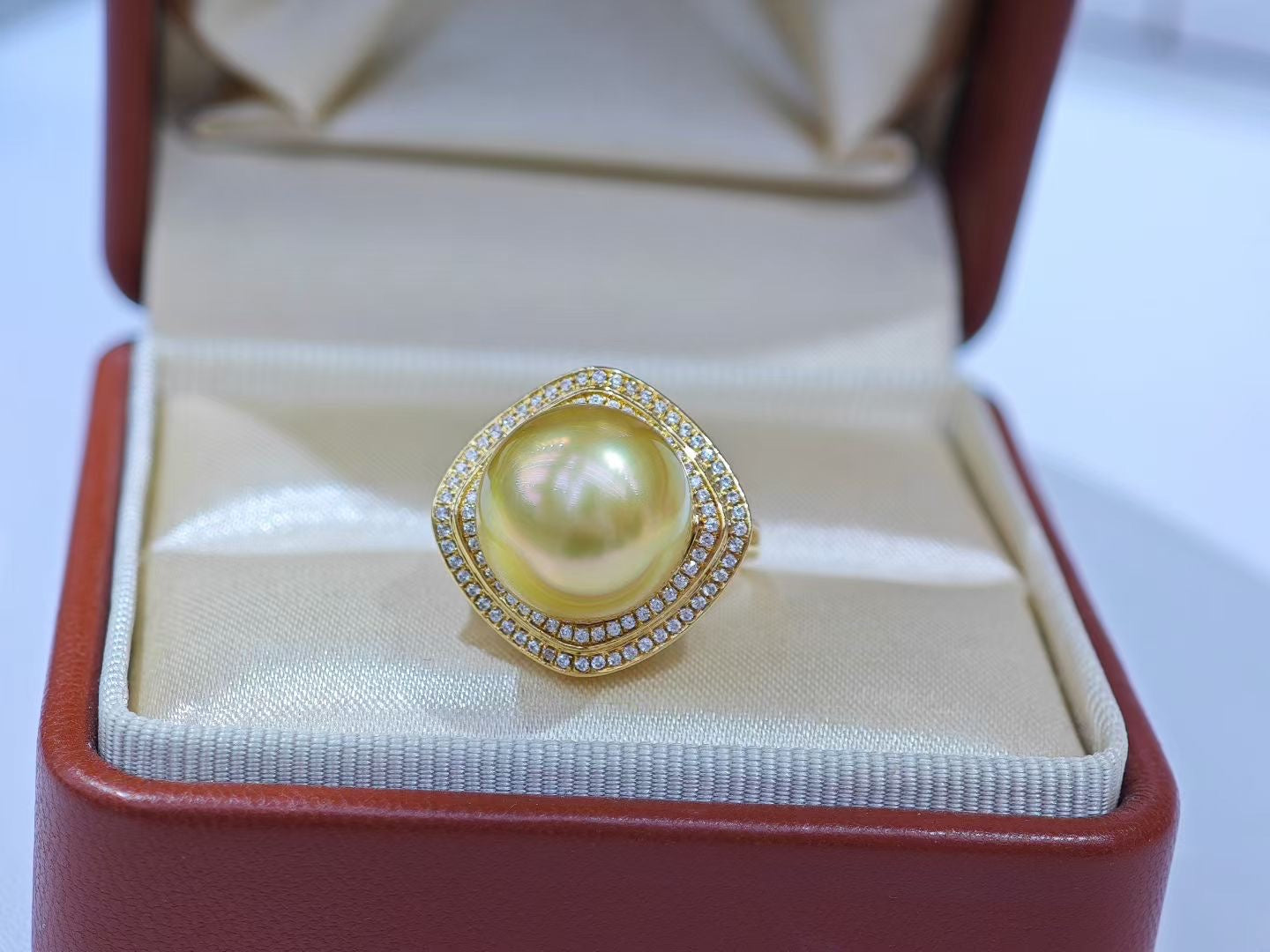 12-13mm Golden South Sea Pearl Ring | 18K Gold with Zircon Halo | Statement Pearl Jewelry