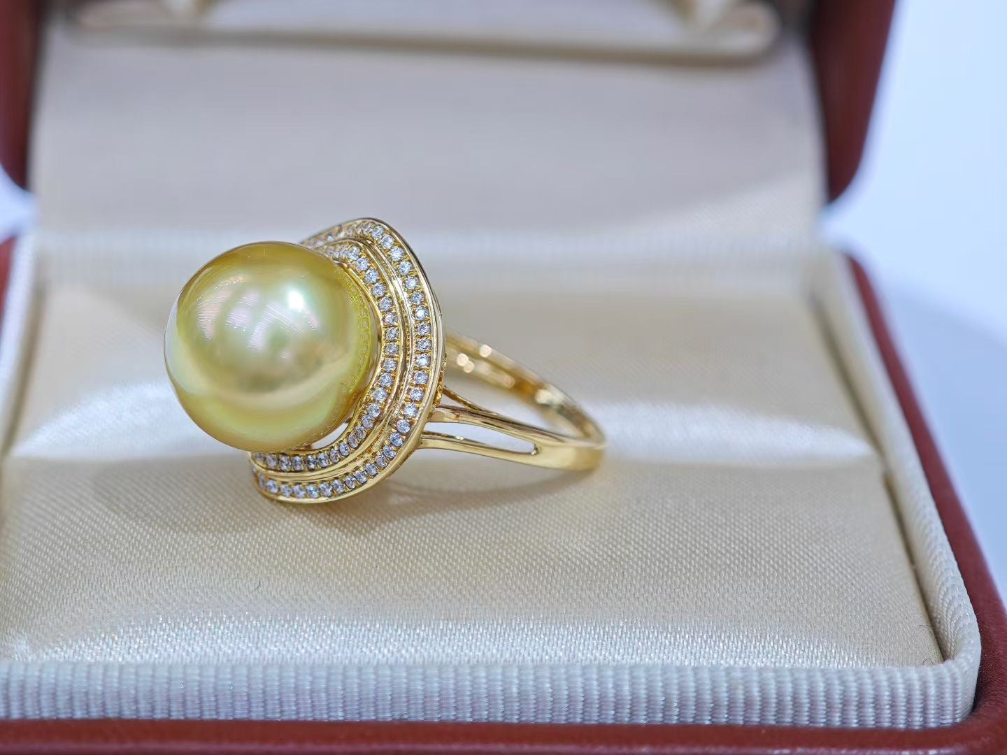 12-13mm Golden South Sea Pearl Ring | 18K Gold with Zircon Halo | Statement Pearl Jewelry