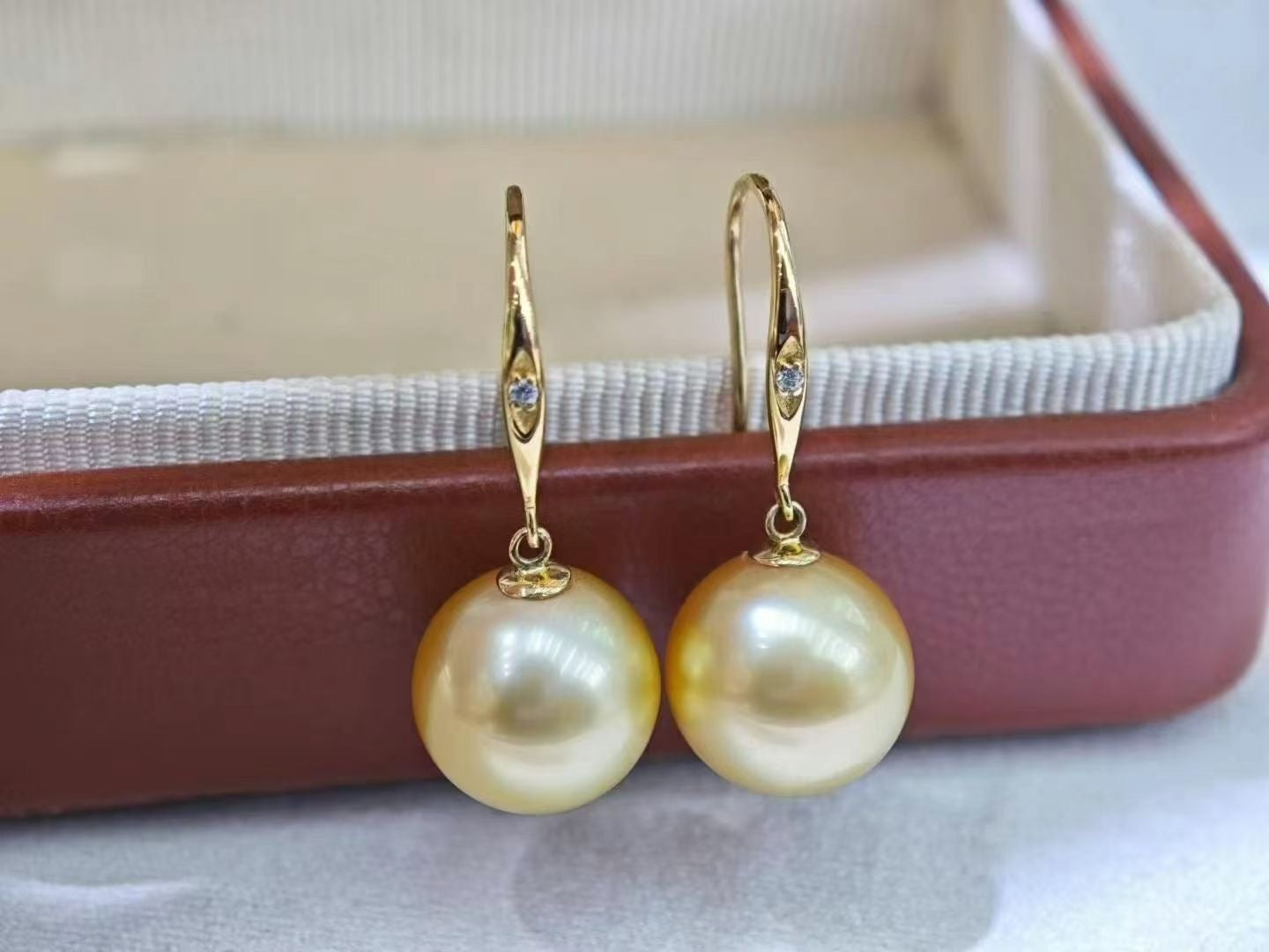 10–11mm Golden South Sea Pearl Drop Earrings | 18K Gold | Elegant Luster with Zircon Accent