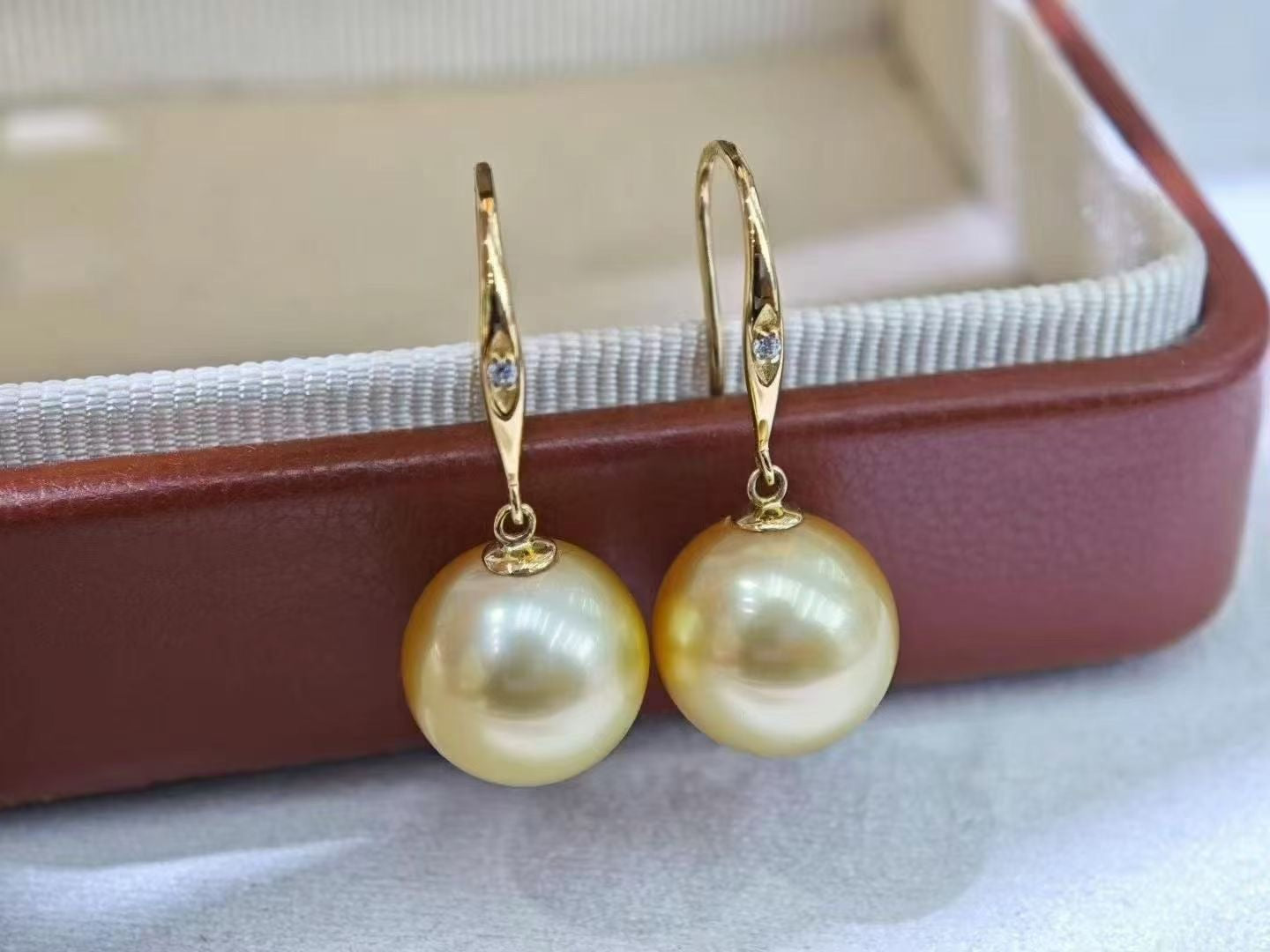 10–11mm Golden South Sea Pearl Drop Earrings | 18K Gold | Elegant Luster with Zircon Accent
