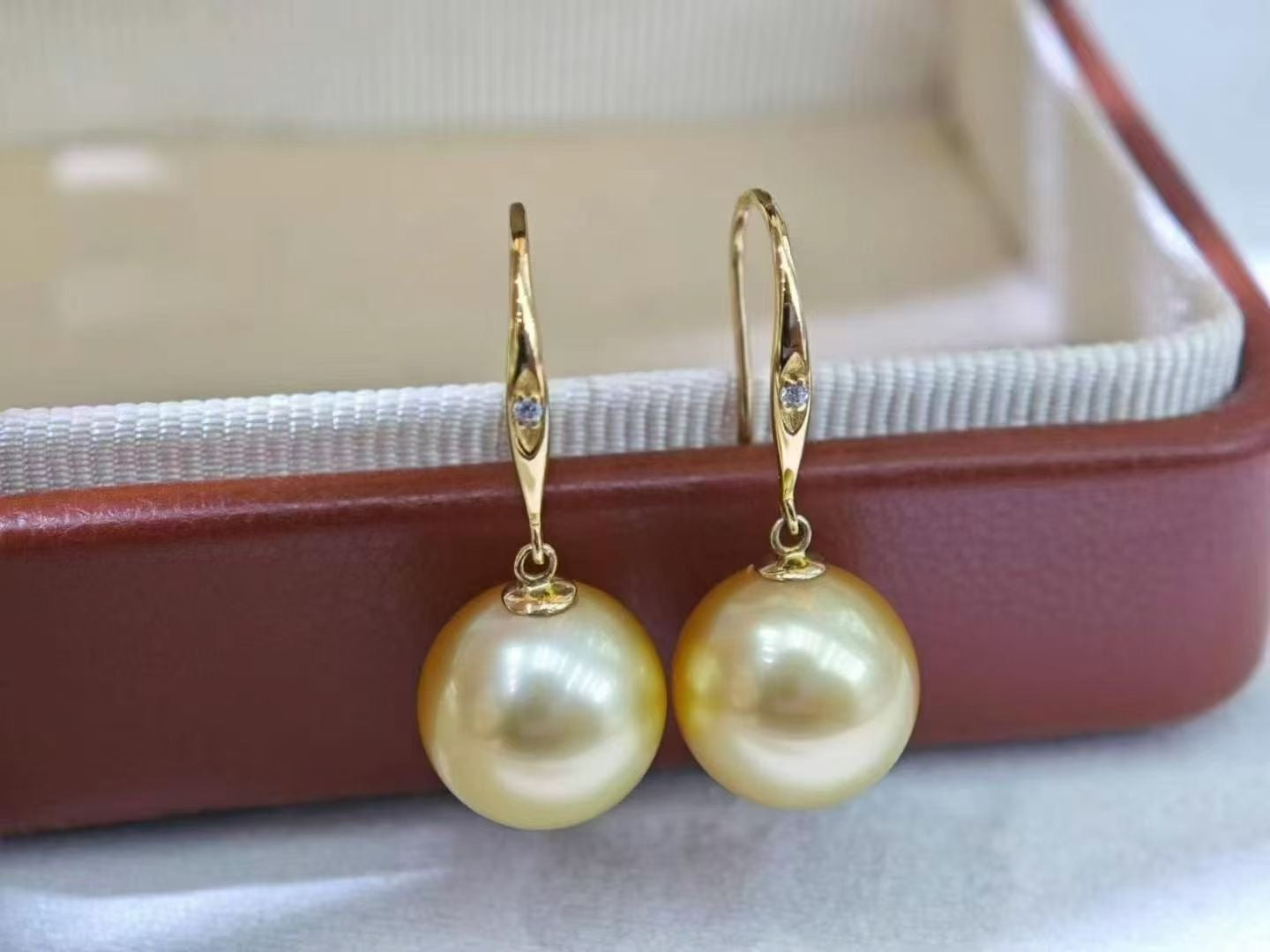 10–11mm Golden South Sea Pearl Drop Earrings | 18K Gold | Elegant Luster with Zircon Accent