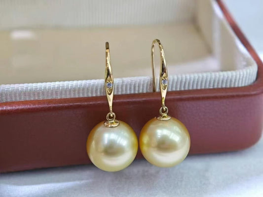 10–11mm Golden South Sea Pearl Drop Earrings | 18K Gold | Elegant Luster with Zircon Accent