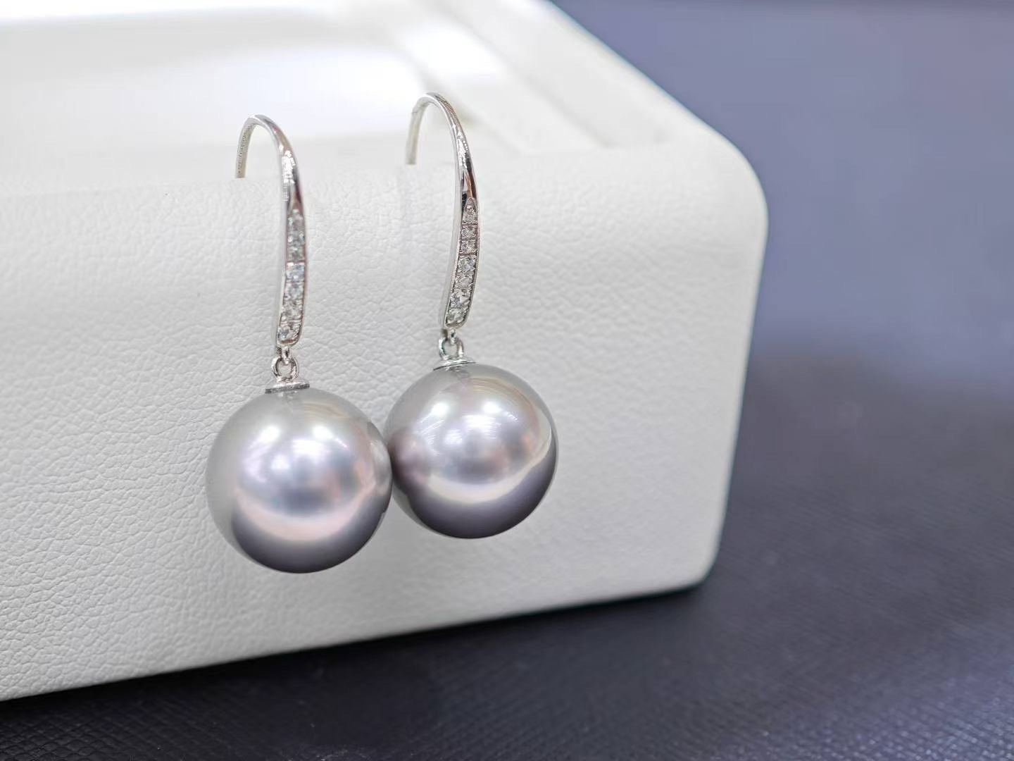 11–12mm Platinum Grey Pearl Drop Earrings | 18K White Gold Hooks with Zircon | Elegant Lustrous Glow