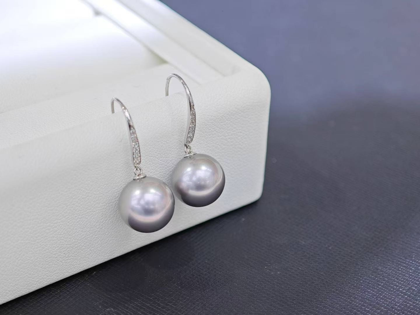 11–12mm Platinum Grey Pearl Drop Earrings | 18K White Gold Hooks with Zircon | Elegant Lustrous Glow
