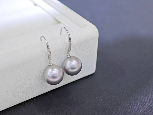11–12mm Platinum Grey Pearl Drop Earrings | 18K White Gold Hooks with Zircon | Elegant Lustrous Glow