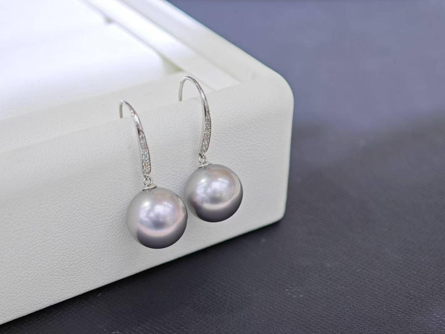 11–12mm Platinum Grey Pearl Drop Earrings | 18K White Gold Hooks with Zircon | Elegant Lustrous Glow