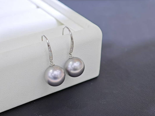 11–12mm Platinum Grey Pearl Drop Earrings | 18K White Gold Hooks with Zircon | Elegant Lustrous Glow