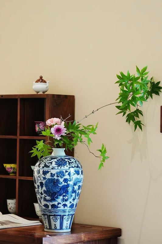 Blue and White Porcelain Vase – Hand-Painted Lion & Floral Motif | Yuan Dynasty Style
