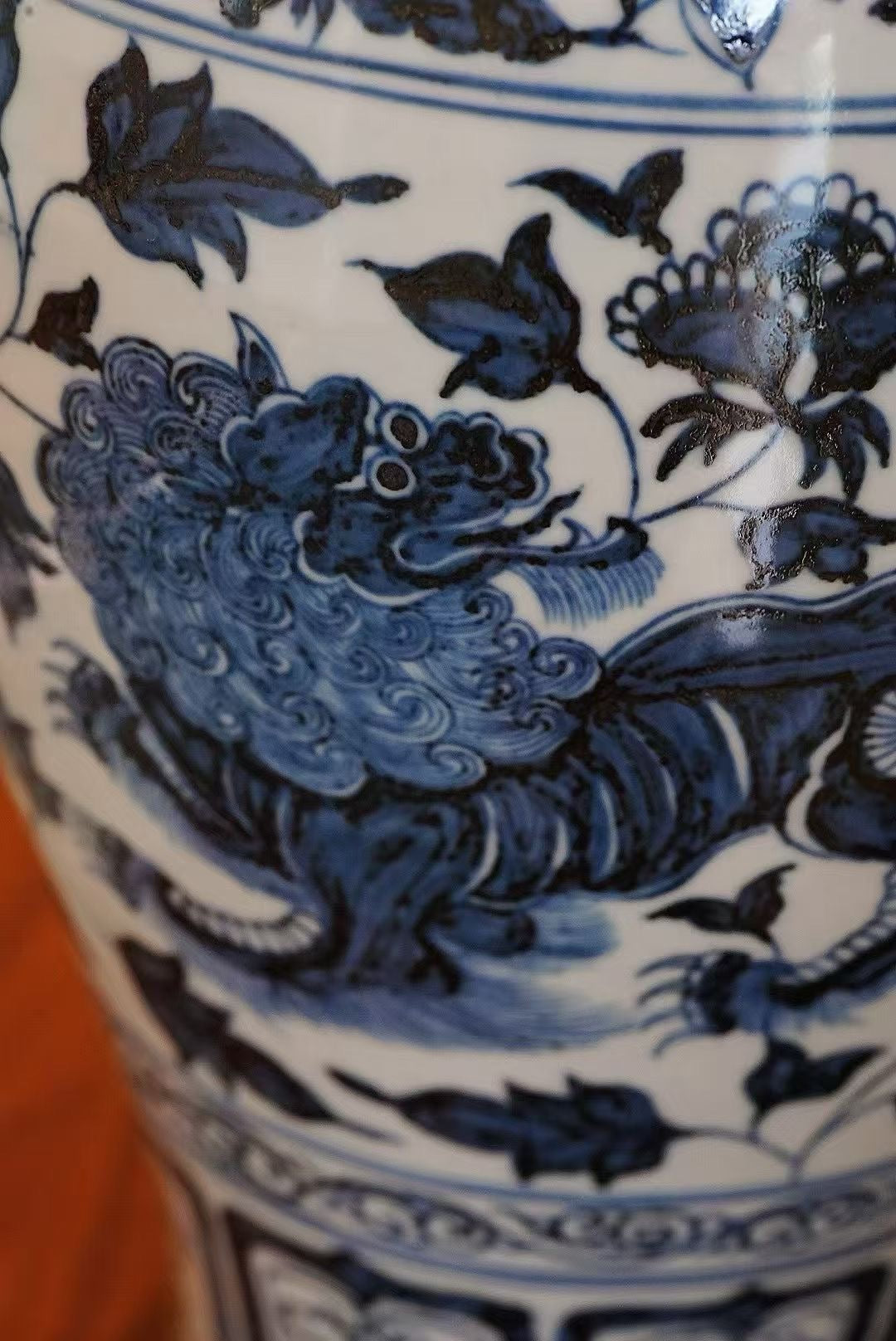 Blue and White Porcelain Vase – Hand-Painted Lion & Floral Motif | Yuan Dynasty Style