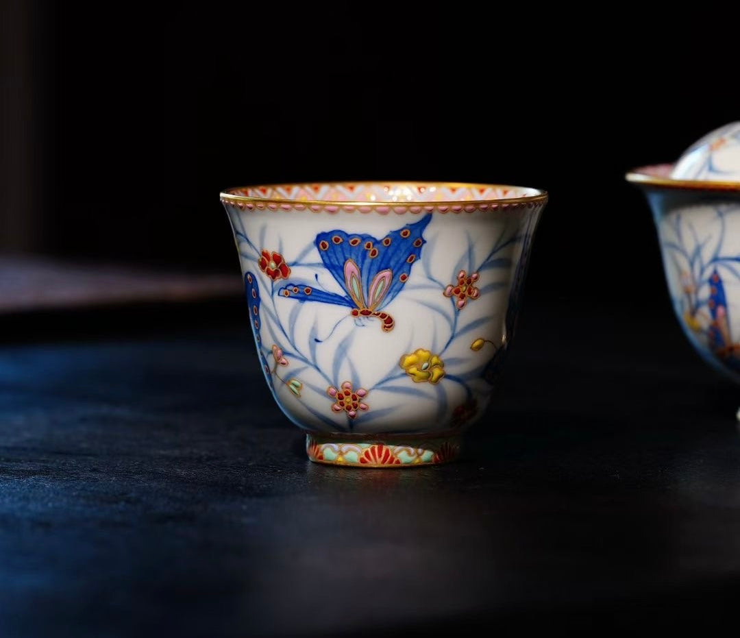 Wings of Elegance – Handcrafted Enamel Blue-and-White Porcelain Teacup
