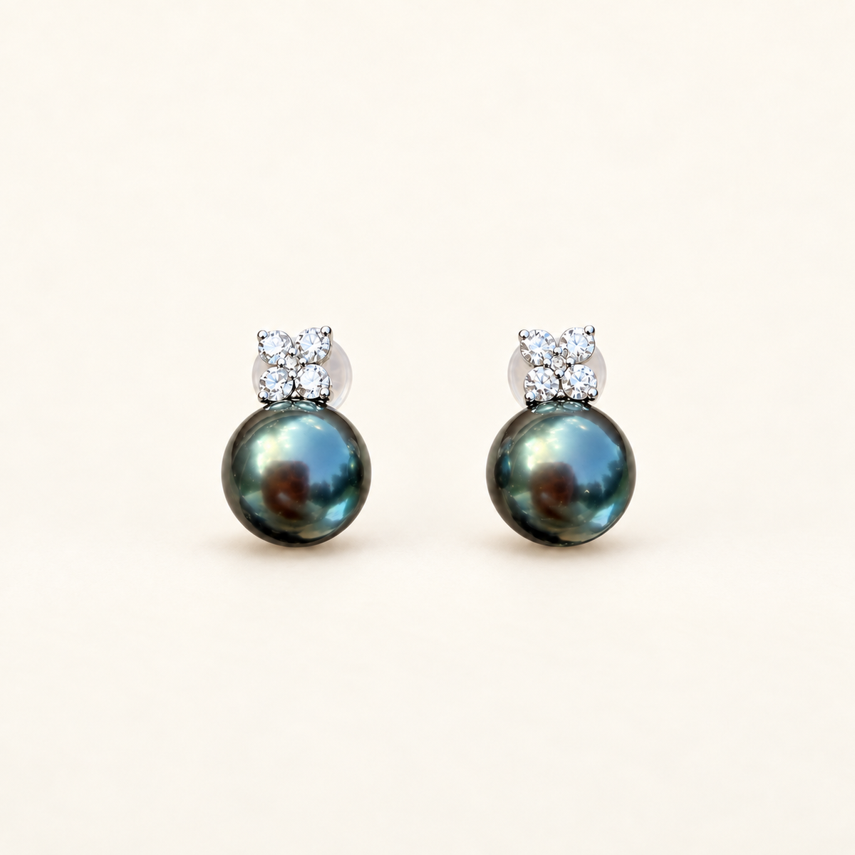Quiet Bloom Ocean Dusk Earring Studs-Tahitian Peacock Pearl Diamond Earring Studs 8-9mm