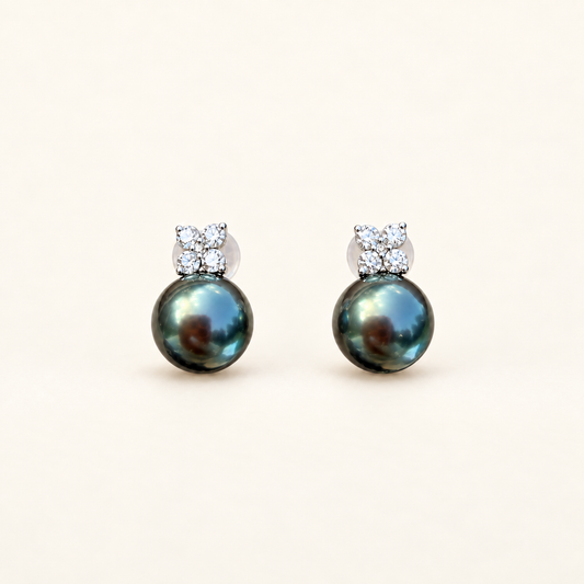 Quiet Bloom Ocean Dusk Earring Studs-Tahitian Peacock Pearl Diamond Earring Studs 8-9mm